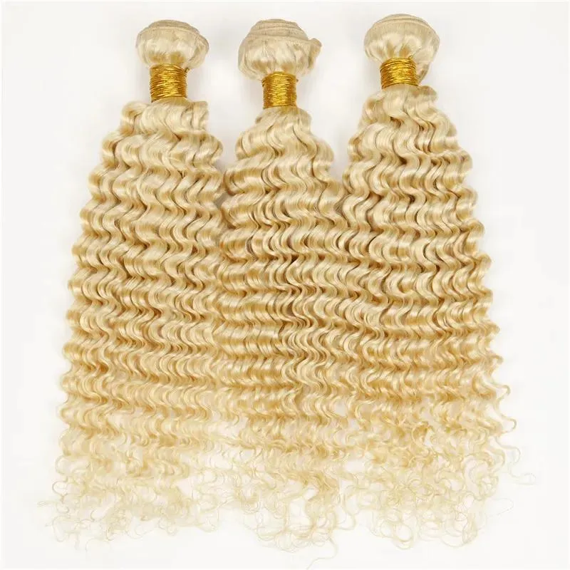 Trames Blonde Brésilienne Profonde Bouclés Extensions de Cheveux 7a 100% Cheveux Humains Armure Serré Crépus Bouclés Cheveux Vague Profonde 3 pcs Jerry Curl # 613