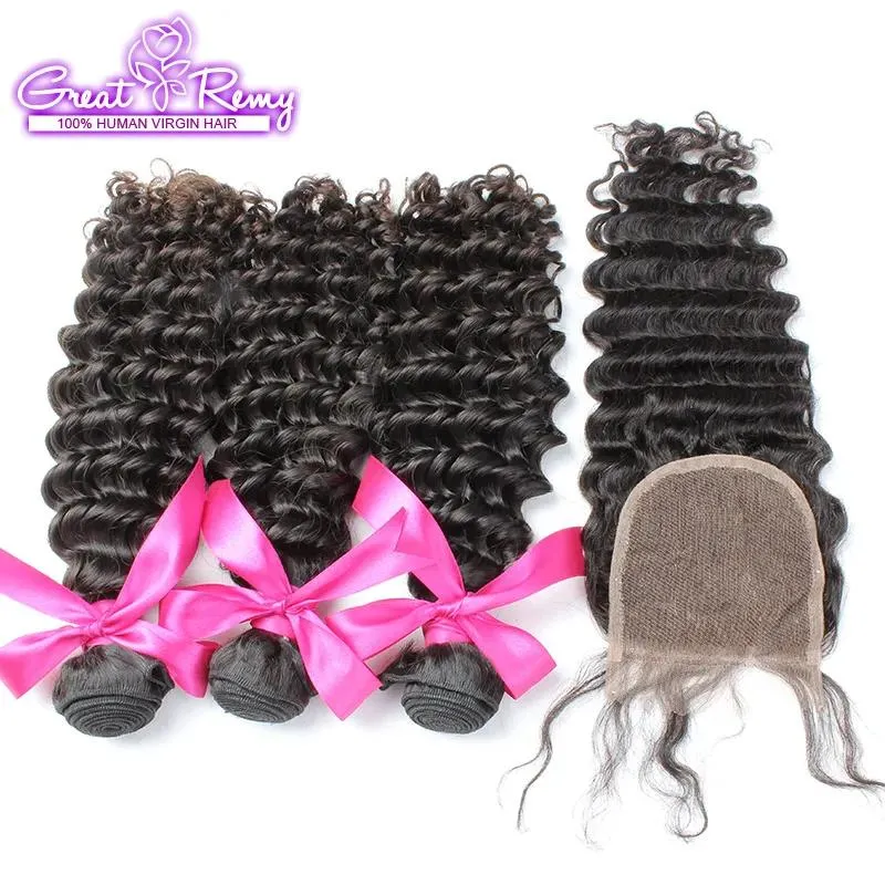 WEFTS GREATREMY PERUIAN VIRGIN HAIR HAIR EXTEAN DEEP WAVE TOP LACE HAIR BUNDLES 1PC3PCSレース閉鎖4x4ナチュラルカラー