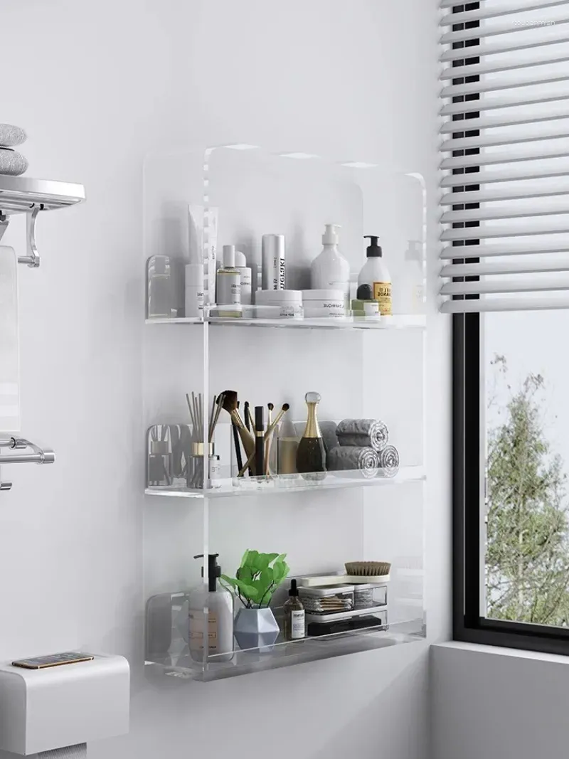 Küchenaufbewahrung Perforationsfreies transparentes Acrylregal Badezimmer-Toilettenartikel Wandmehrschichtige Kleiderbügel Einfach und modern