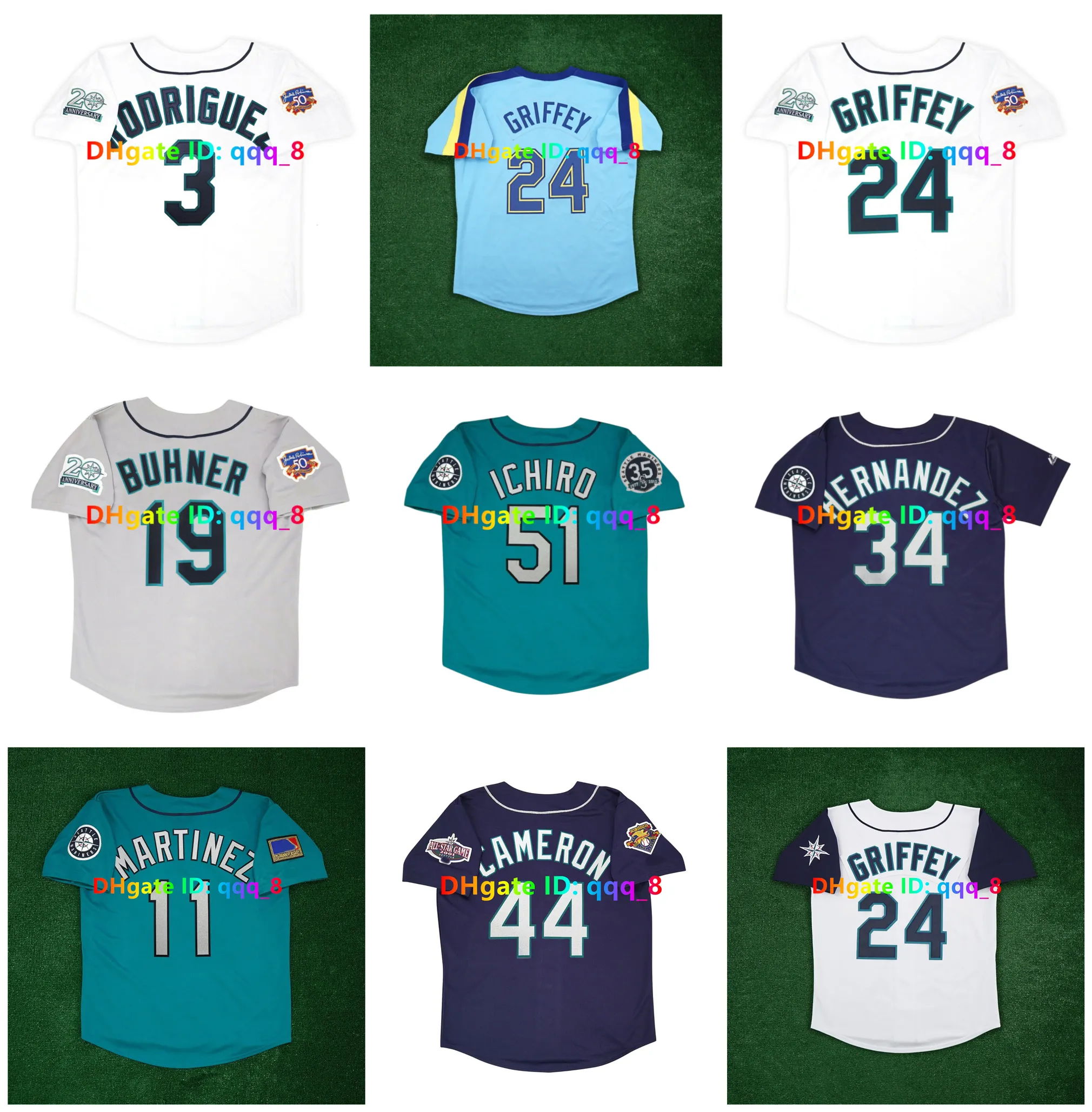 1997 Ken Griffey Jr. Baseball Jersey Randy Johnson Mariners Alex Rodrigue Edgar Martinez John Olerud Mike Cameron Jay Buhner Bret Boone Ichiro Suzuki 2001 Vert Bleu