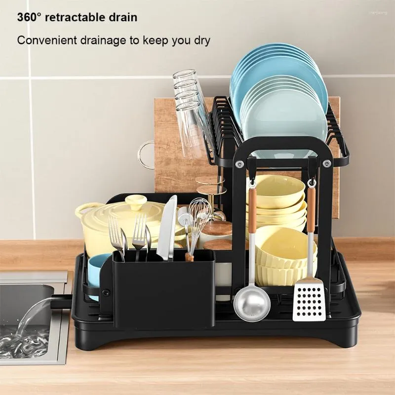 Escorredor de prato de 2 camadas com bandeja de gotejamento, prateleira de drenagem, suporte de pauzinho, placa de corte para balcão