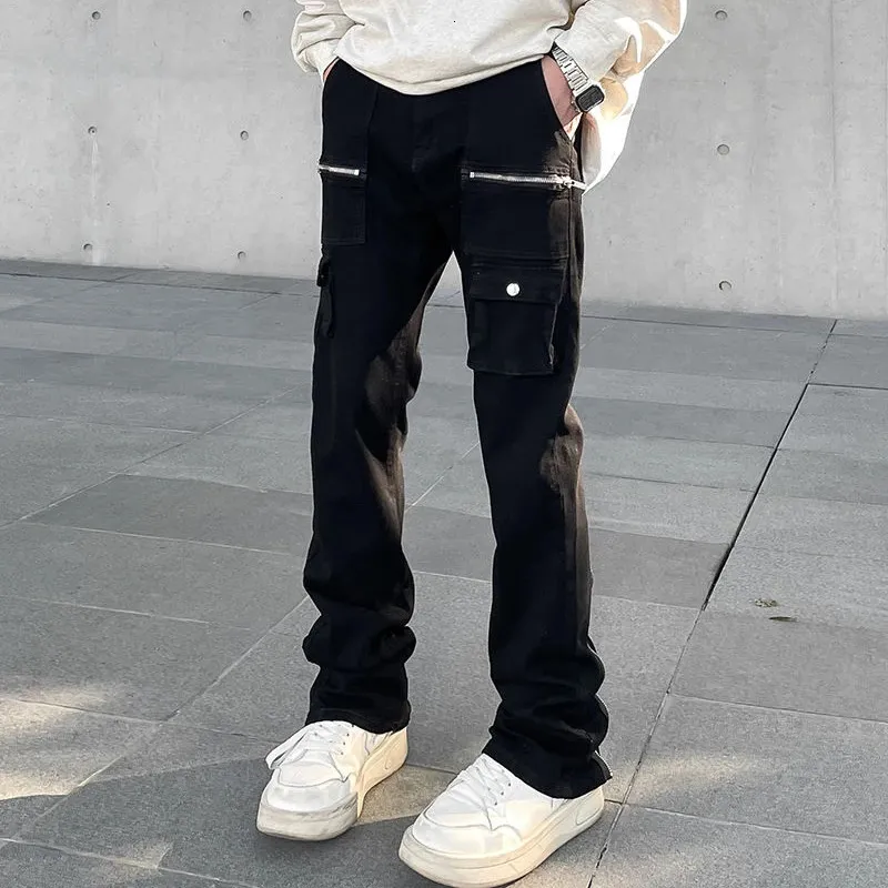 Unique Y2k Men's Jeans Slim Fit Split Leg Zipper Pocket Cargo Pants Fashion Harajuku Casual Streetwear Techwear Jeans Men 240103