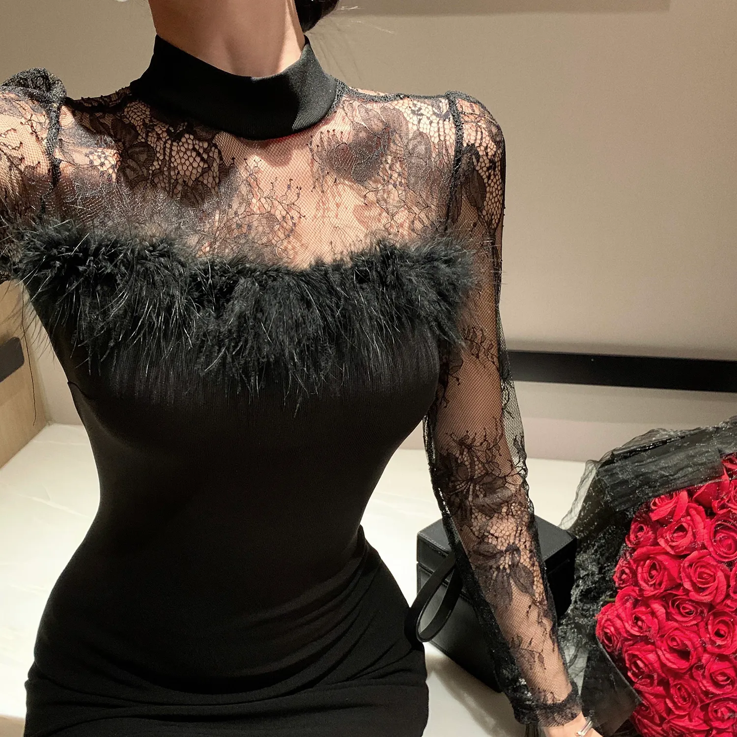 Vestido largo de tubo por debajo de la rodilla con perspectiva floral de encaje y cuello levantado para mujer, manga larga, piel de avestruz parcheada, sexy, ceñido al cuerpo, SML