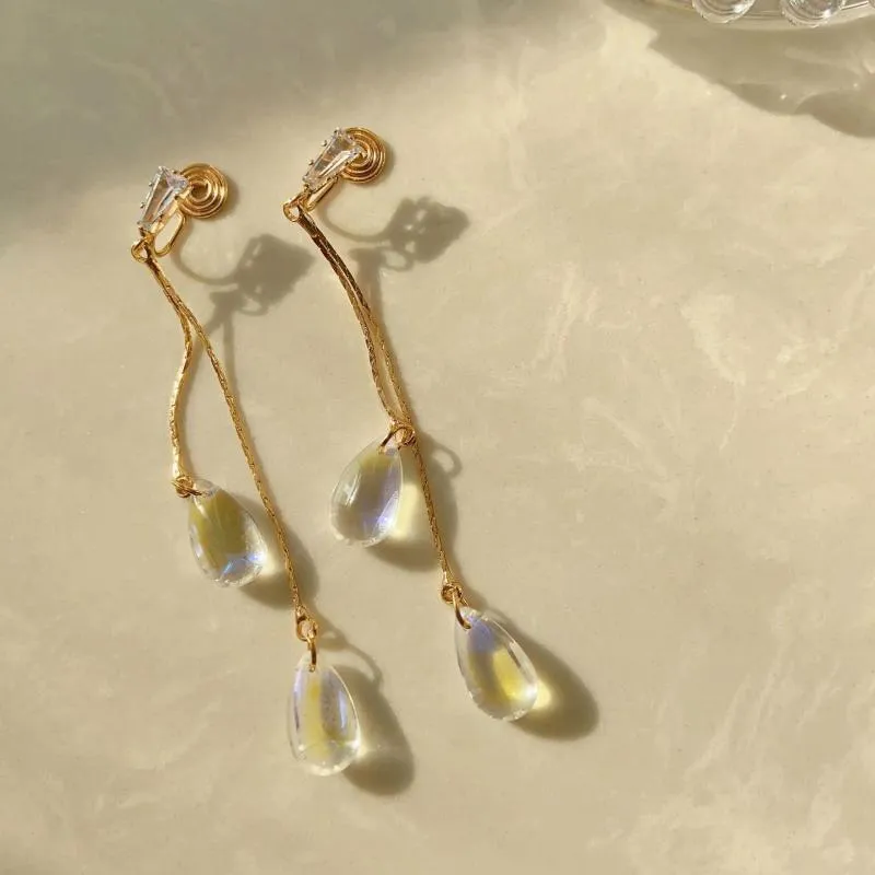 Boucles d'oreilles à dos de tempérament classique, Clips d'oreille goutte d'eau éblouissantes, glands simples à longue ligne pour mariage, sans trous à clipser