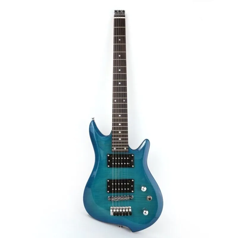 Headless Travel Portable Electric Guitar Blue Flame Maple 6 Strings