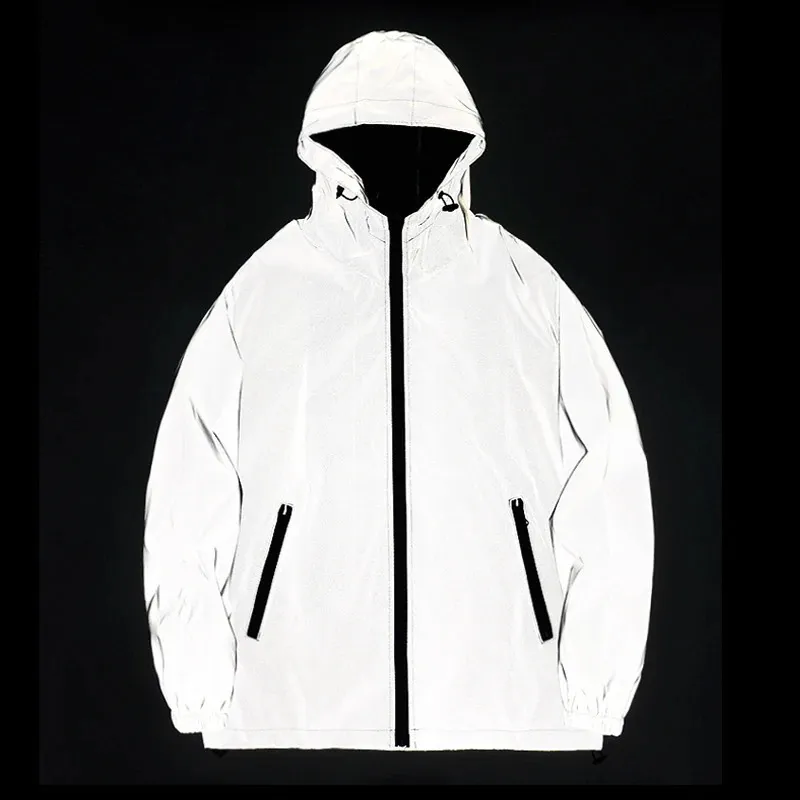 Nocne kurtki odblaskowe podwójna tkanina wiatrówka z kapturem kurtka z kapturem mężczyzn Hip Hop tancerka piosenkarka Waterproof Waterproof Coats Owewear 240102