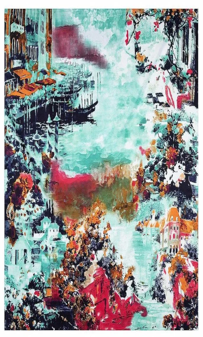 Scarves 130130cm Oil Painting House Ship Silk Scarf Women Square Style Tassel Lady Spring Fashion Female9982257