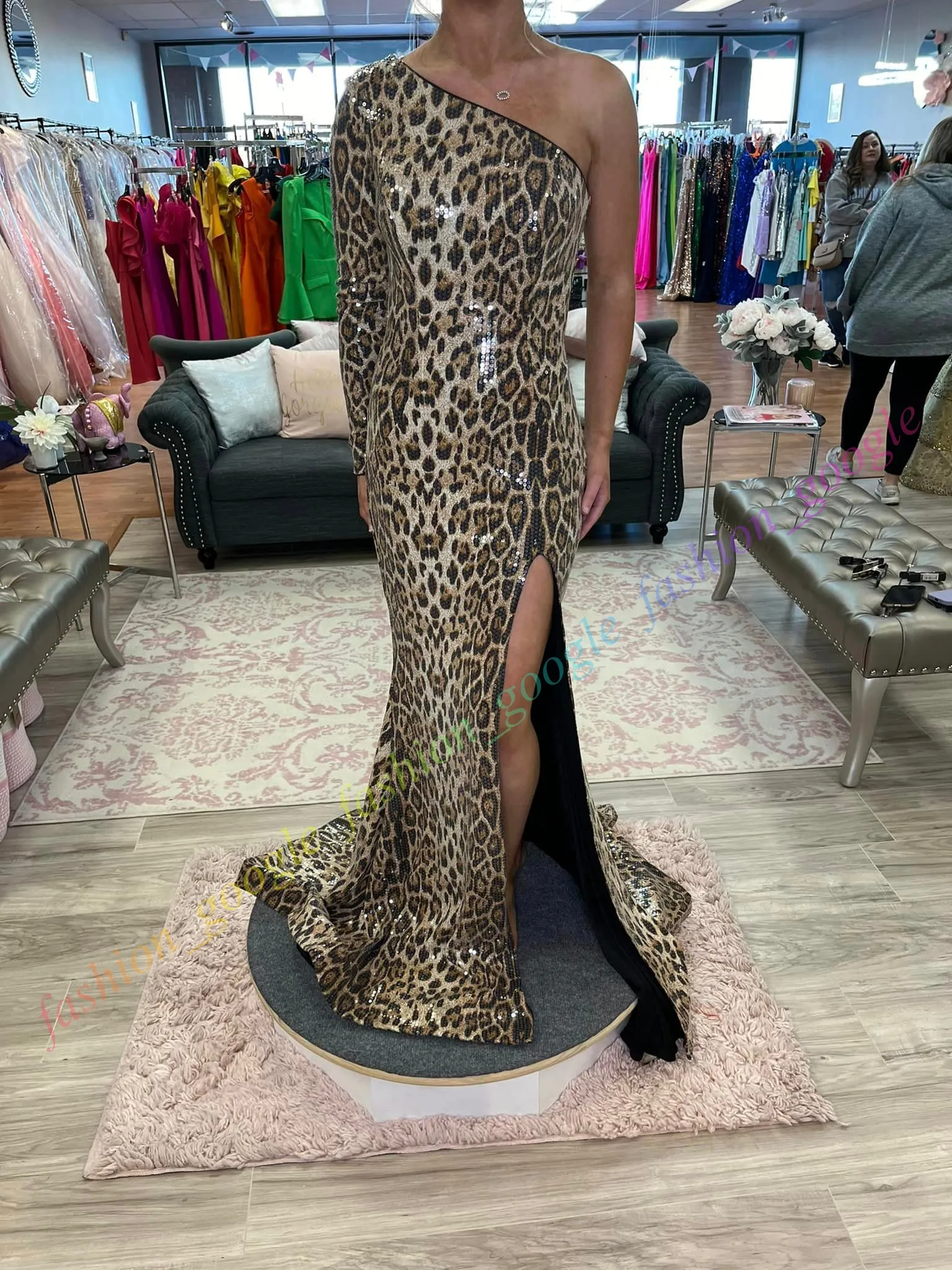 Leopard Print Asymmetrical Sequin Party Wear Long Dresses with Long Sleeves for Pageants, Proms, Red Carpet Events, and Photoshoots
