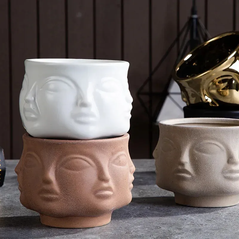 Ceramiczny świecznik wazon rzeźby rzeźby ludzka twarz kwiat ręcznie robione w ogrodzie aranżacja kwiatowa Dekory domowe 240103