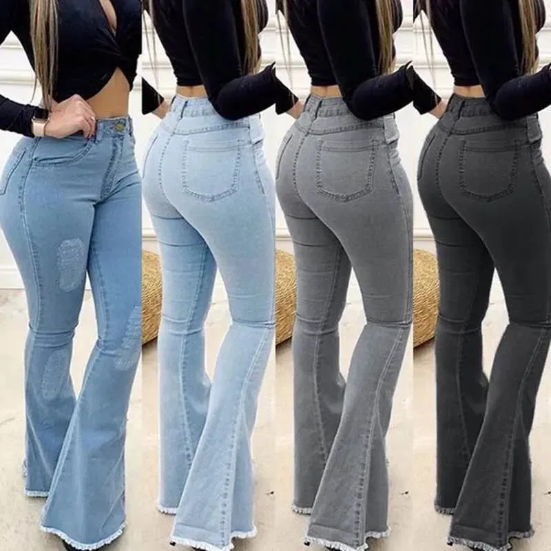 Queda Mulheres Cintura Alta Bota Corte Jeans Moda Slim Denim Queimado Calças Rua Calças Casuais S-3XL Drop 240103