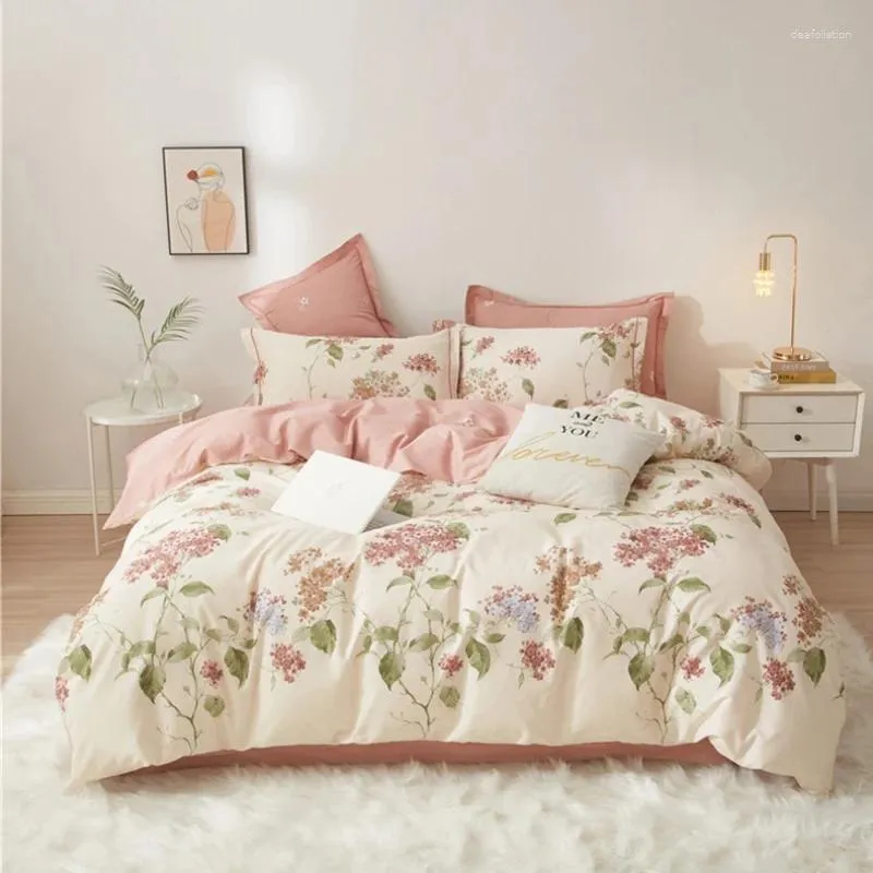 Bedding Sets Four-Piece Set 1.8M Small Floral Printing Dyeing Pink Pure Cotton Quilt Cover Light Luxury Simple Heat Warm Home Textile