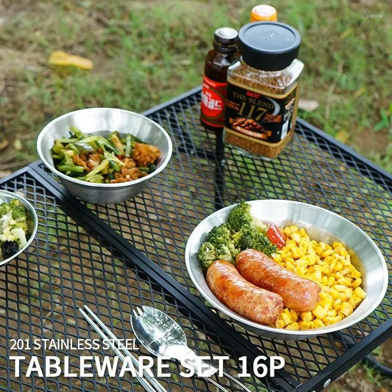 Teller Outdoor Edelstahl Teller Schüssel 16 Stück Set Camping Geschirr Selbstfahrende Tour Tragbarer Grill