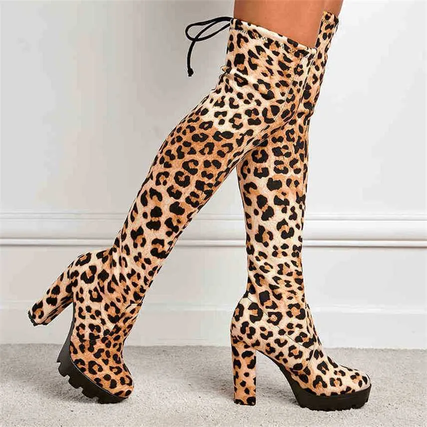 Bottes Printemps femmes bottes Sexy bout rond plate-forme imperméable imprimé léopard antidérapant talon haut sur le genou bottes hautes 220913