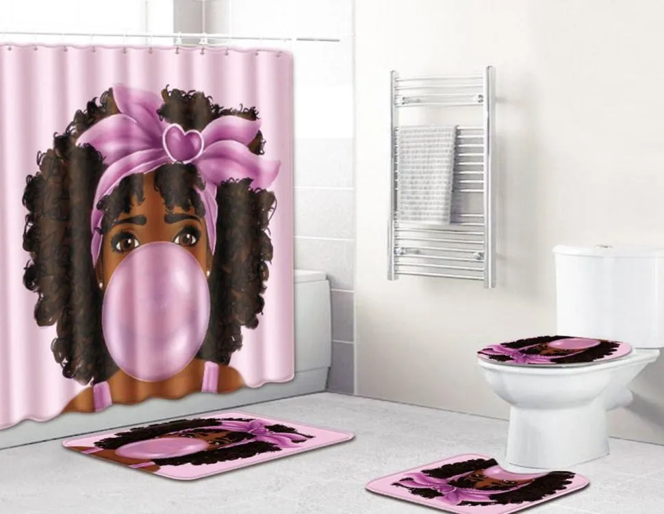 4PcsSet Carpet Bathroom Foot Pad African Woman Bath Mat and Shower Curtain Set PVC Toilet Toilet Seat Covers Home Decor T2001026848477