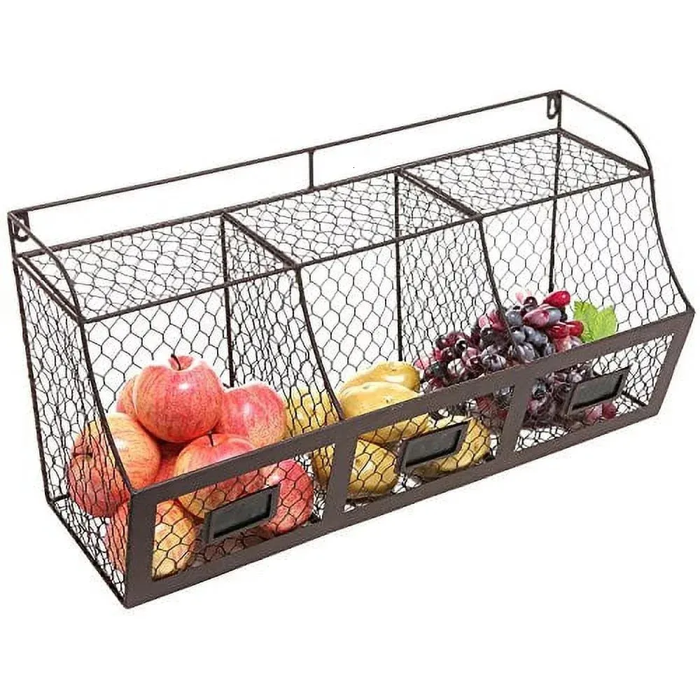 Metalen opbergmand met 3 compartimenten, wandmontage, grote keuken, hangende metalen fruitmanden, draadorganizer, productiemand 240103