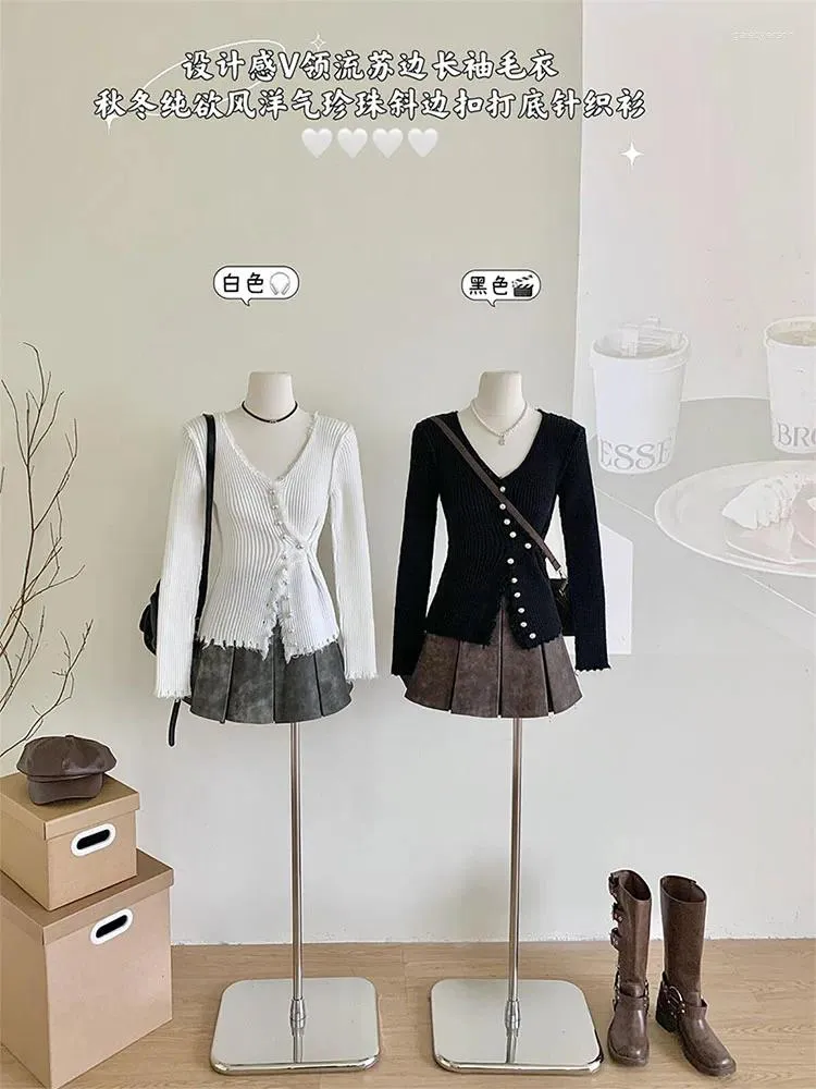 Damen-Strickpullover, weicher Basic-Cardigan, V-Ausschnitt, Quasten-Pullover, Herbst-Winter-Langarm-Perlen-Einreiher-Strickpullover, 90er-Jahre-Mode