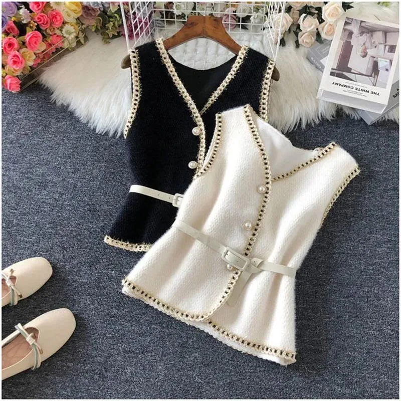 Lederen Elegante Wollen Vest Jas Vrouwen Vintage Mouwloze Trui Vest Koreaanse Stijl Gebreide Uitloper Met Sjerpen Chalecos Para Mujer