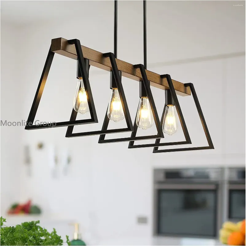 Pendant Lamps Iron Lamp Retractable Retro Industrial Wooden Triangular 4-head Frame E27 Holder