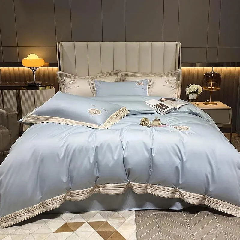 Conjuntos de cama de luxo conjunto de algodão egípcio 4 pcs princesa casamento bordado capa de edredão colcha cama folha de linho fronhas cor sólida