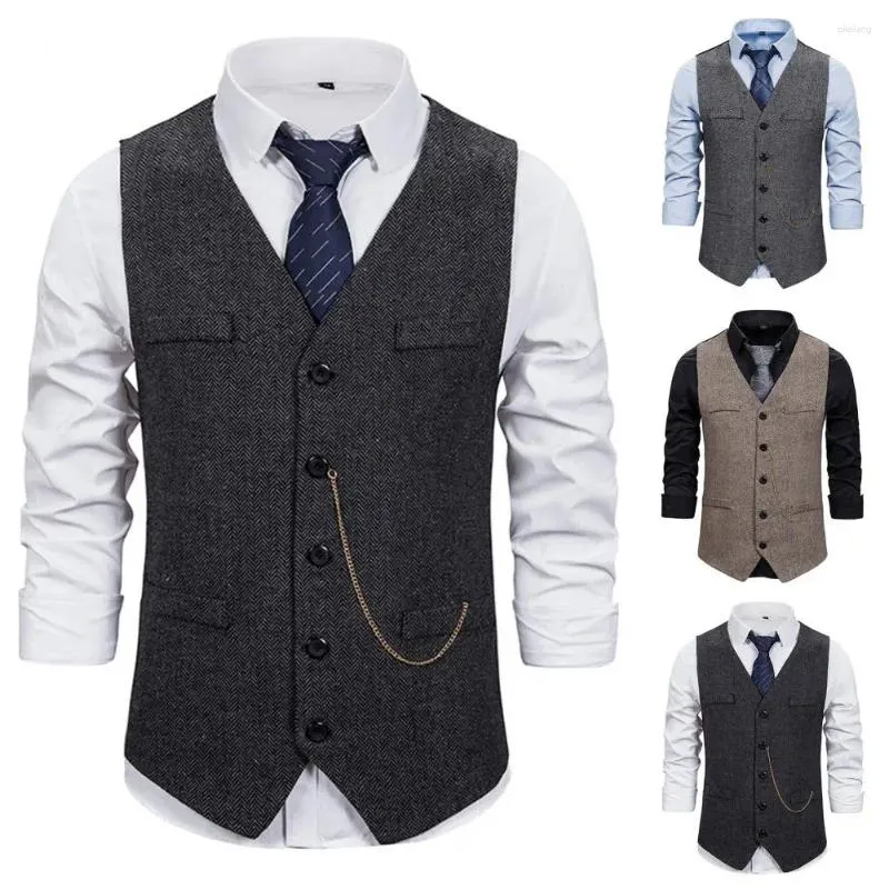 Gilets pour hommes Gilet de couleur unie Hommes Slim Fit Simple Boutonnage Col V Business avec chaîne Décor Anti-rides Poches plaquées A