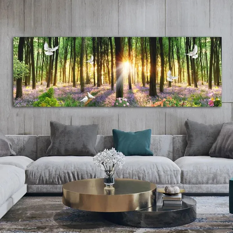 Peintures Affiches d'arbre vert Forêt Soleil Impressions sur toile Art mural moderne pour salon Décoration d'intérieur Images HD Peinture de lit de paysage
