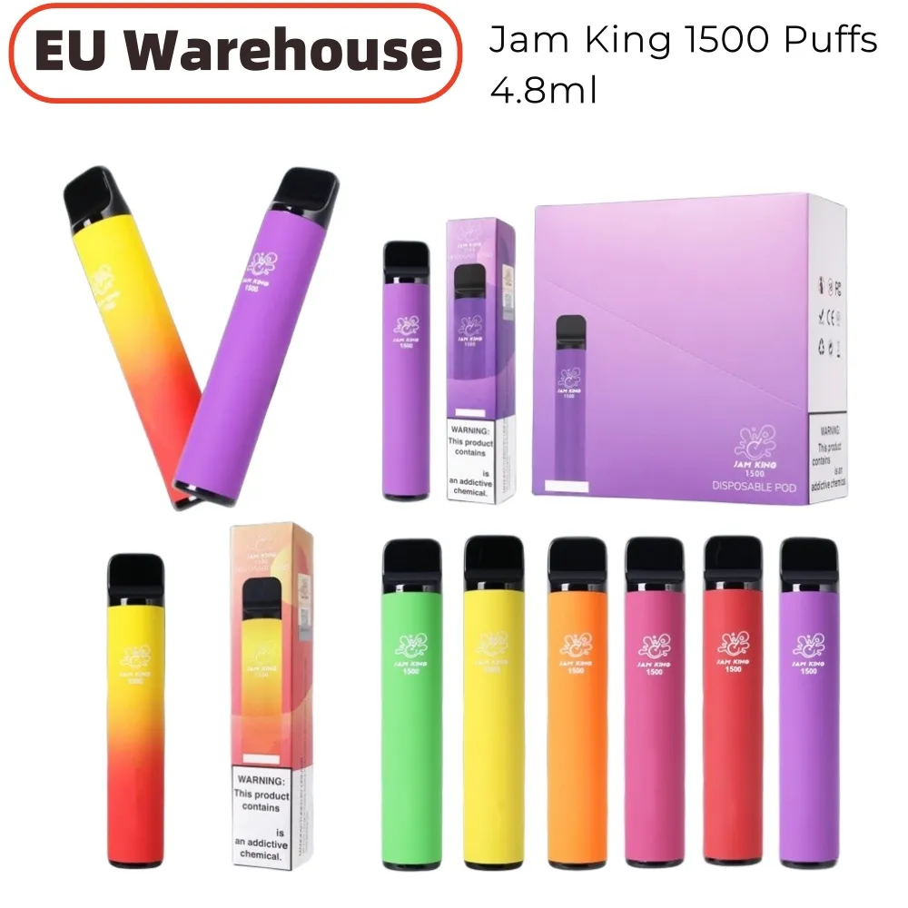 EU Stock Jam King Pods de vape jetables 1500 Puffs 4,8 ml E-liquide Chariots E-cigarette 12 Saveurs 850mAh Batterie Vape Vaporisateurs Mesh Coil 20mg Nic vs Randm Tornado 7000 9000