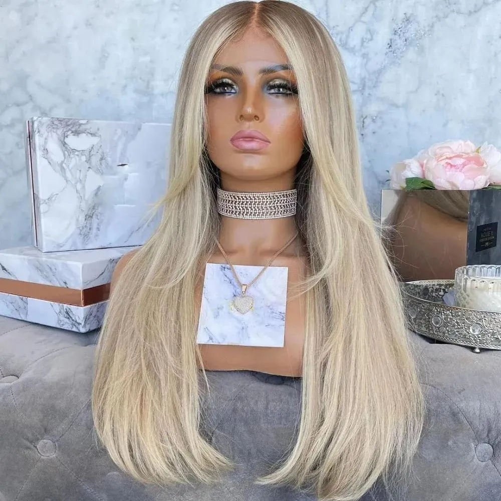 Racines Lumières 180% Platine Blonde Blonde Silky Straite Human Hair Wigs pour femmes Perruques avant transparentes de dentelle