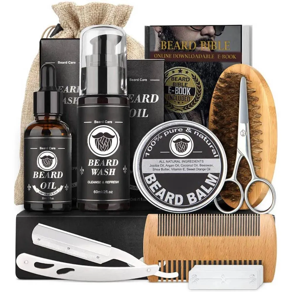 Brushes Hair Brushes 8PCS Beard Growth Kit Enhancer Thickening Activator Serum Oil Balm Bamboo Brush Comb Care 230211