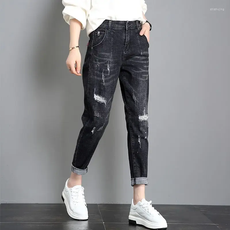 Calças de brim femininas preto rasgado rasgado cintura alta s com bolsos calças para mulher buracos verão denim estilo coreano escritório emo