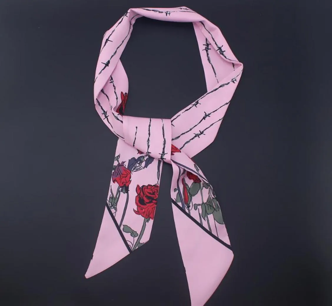 Scarves Mosoga Twill Silk Women039s Bohemian Rose Flower Headband Long Bag Strap Elegant Neck Scarf Ribbon Pink Soft Bandeau5041684