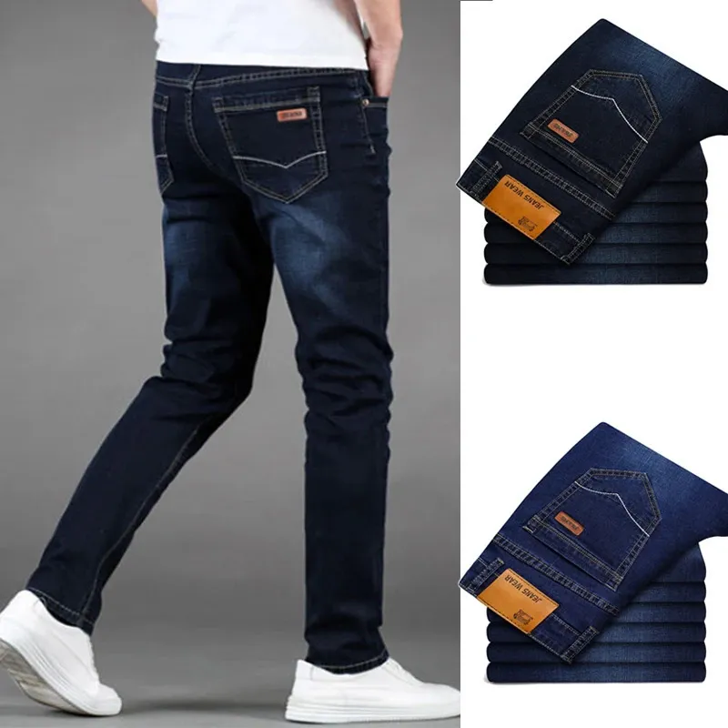 Мужские классические джинсы, однотонные деловые рабочие брюки, прямые джинсовые повседневные брюки 240102