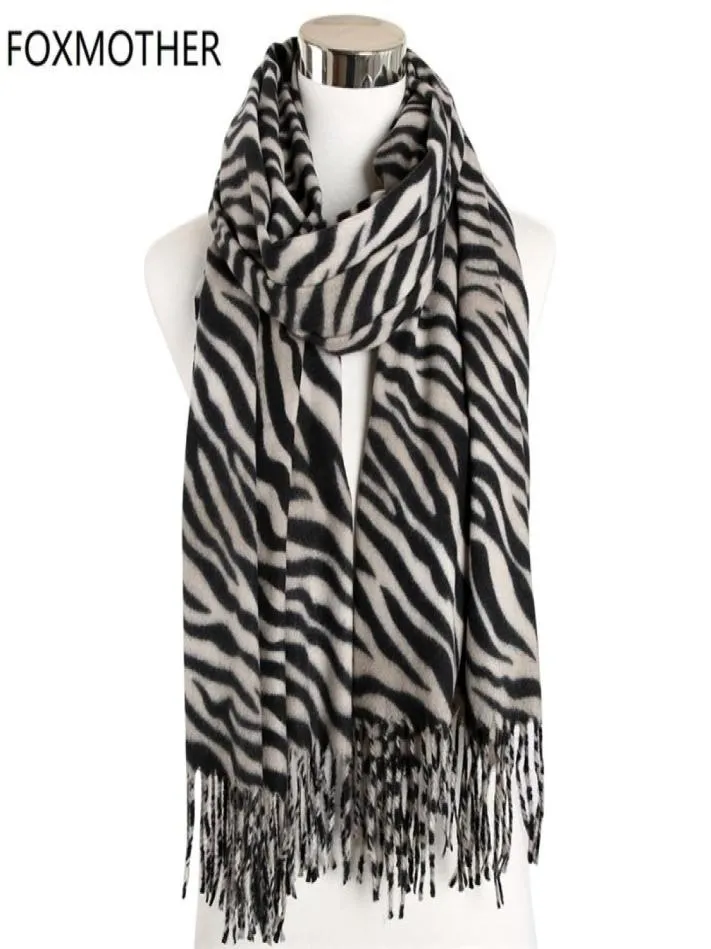 Foxmother nova moda feminina foulard zebra animal impressão xale envoltório cachecóis de caxemira com borla cachecol de inverno para mulheres presente masculino t2834635
