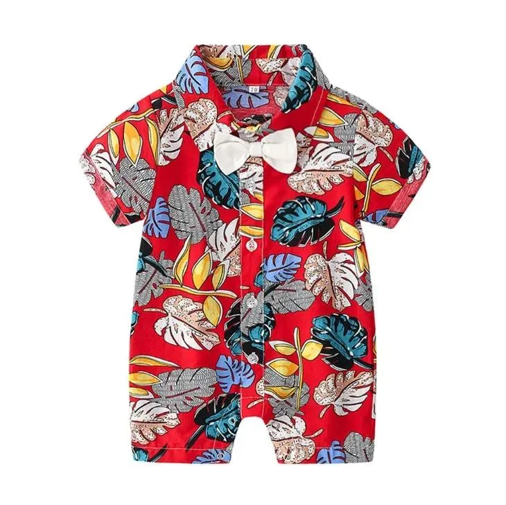 Rompers Fashion Baby Boys Casual Romper Summer leaf Printed Short Sleeve Toddler Jumpsuit Lapel Bow Tie Kids Beach Jumpsuit Y1704