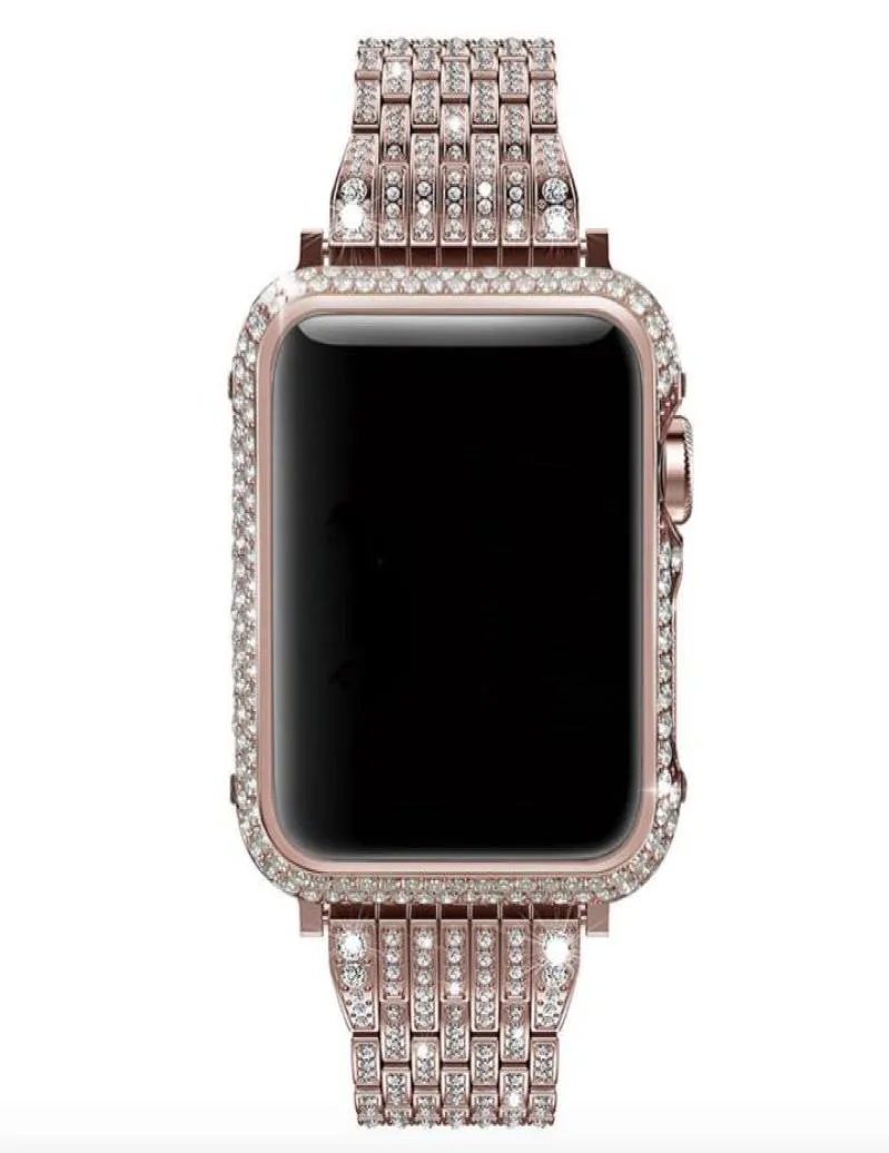 Étui de couverture de lunette en métal de diamant de cristal de strass avec ensemble de bracelet de montre en strass de cristal de luxe pour Apple Watch série 4 44mm 40mm7923149