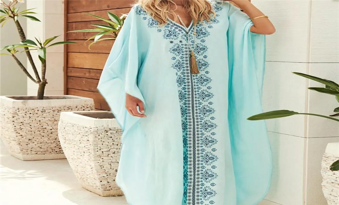 Bomull Kaftan Beach Dress Blue Tunic Women Summer Plus Size Beachwear Printed Caftan Swimsuit Coverups Long Robe de Plage Sarongs4131107