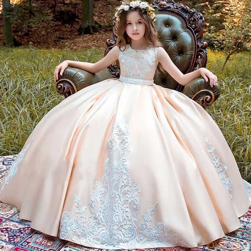 Elegante longo flor menina vestidos jóia pescoço cetim sem mangas apliques com faixa vestido de baile até o chão para festa de casamento