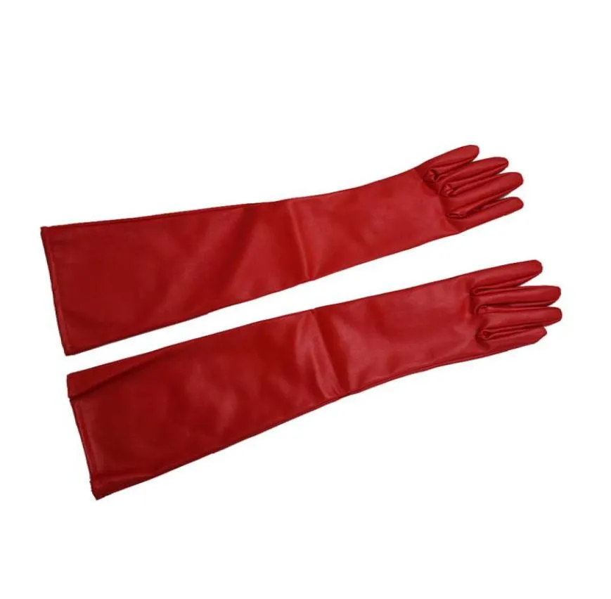 Kadınlar için şık kırmızı düz renkli PU deri uzun eldivenlerin modapiri5857643
