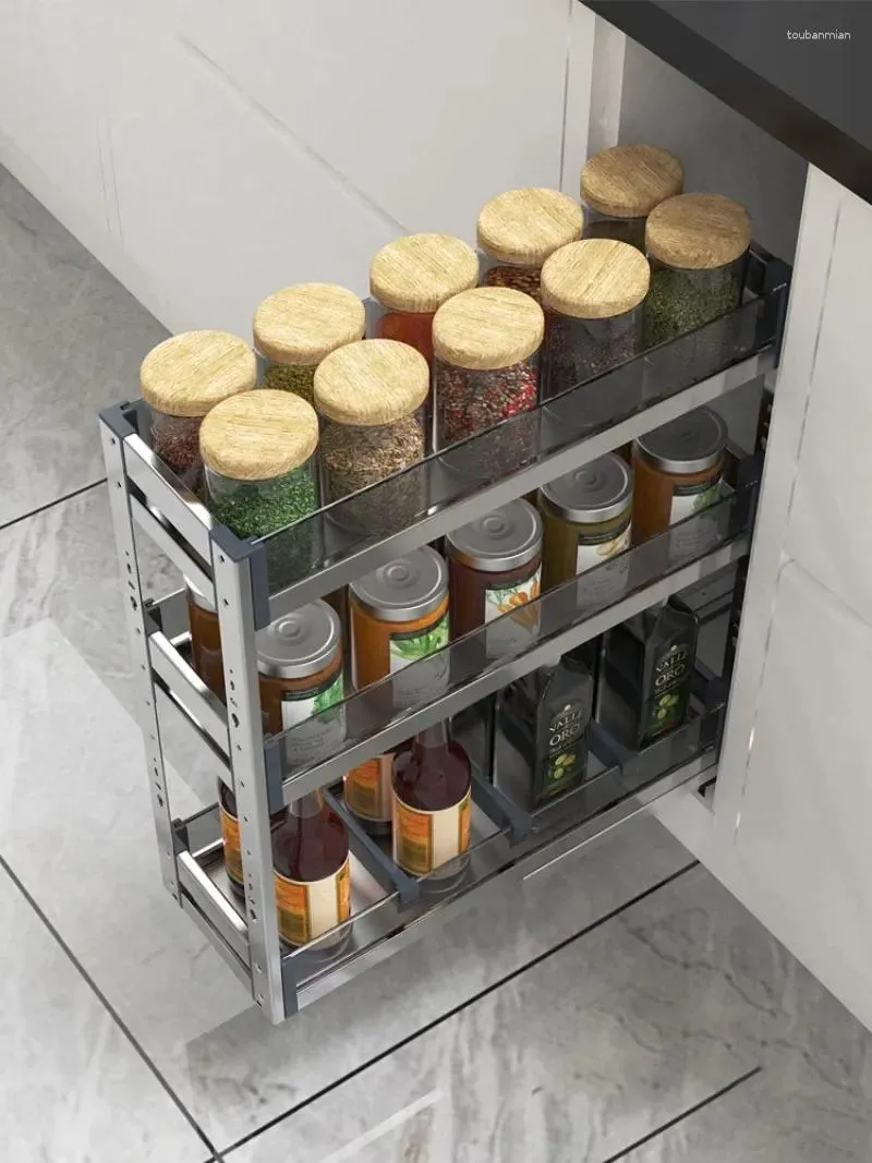 Kitchen Storage Drawer-type Seasoning Basket Damped Cushioning Space Aluminum Glass Open-door Three-layer Cabinet Pull