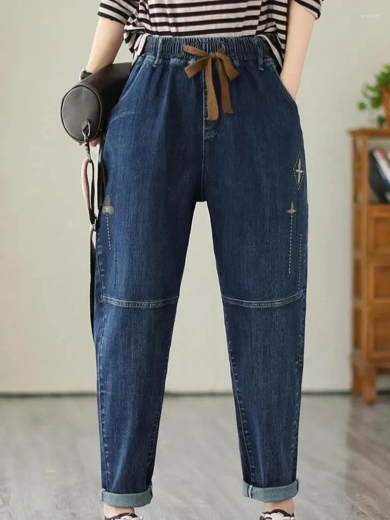 Jean ample brodé pour femmes, taille élastique, couleur unie, Baggy avec cordon de serrage, poches, pantalon sarouel en Denim, automne 2024