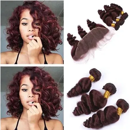 Wątki luźne fala #99J Wino Czerwone Brazylijskie ludzkie włosy splaty z koronkowymi czołowymi 4PCS działki Virgin Burgundowe Hair 3bundles z 13x4 pełna koronka