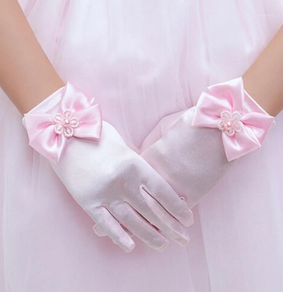 Cinque dita Guanti Lolita Anime Principessa rosa Bambini Ragazze Carino Raso Bowknot Polsini con perle Festa in scena Costume cosplay Po Sparare Prop7698666