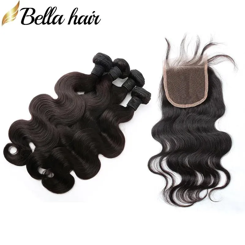 Tramas cabeça cheia 5pcs 100 não processado cabelo virgem humano malaio tece com fechamento onda corporal 4pcs trama de cabelo 1pc fechamentos de renda superior 4x4