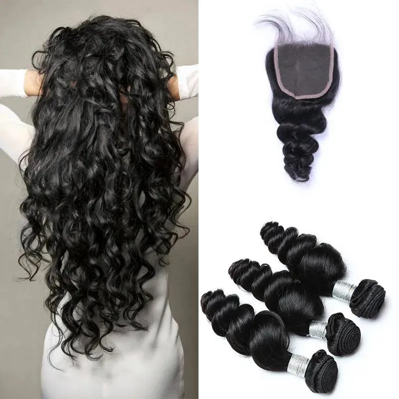 Wefts brasileira onda solta 3 pacotes tece cabelo humano com 4x4 fechamentos de renda trama dupla tingível pré arrancado linha fina natural