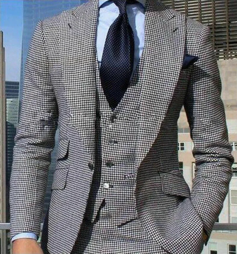 Ternos de homens xadrez para casamento de 3 peças Houndstooth Tuxedos Tuxedos masculino roupas de moda de moda cenário de colete 240102