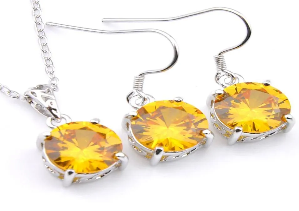 Mix 1 Set Classic Holiday Jewelry Fire Round Shaped Yellow Crystal Zirconia 925 Sterling Silver Pendants Earrings Jewelry Set Holi1745605