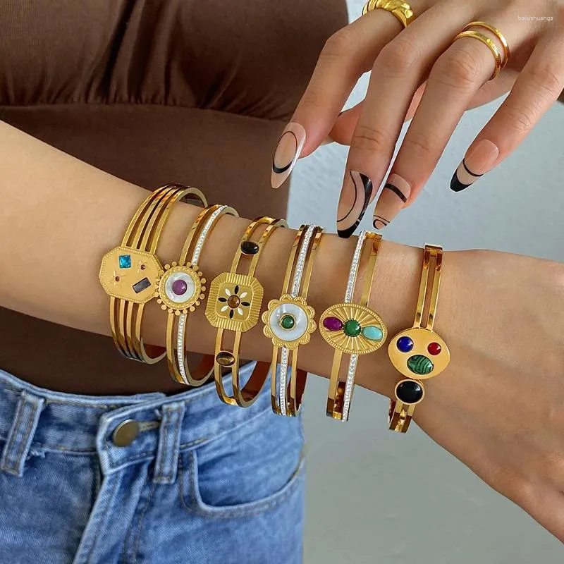 Bangle luxo pulseiras de aço inoxidável pulseiras colorido disco incrustado pedra de concha para mulheres unisex charme pulso jóias presentes pulseras