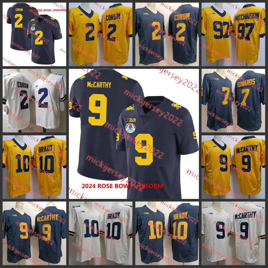 Aidan Hutchinson Blake Corum 2024 Rose Bowl MICHIGAN F.U.S.E maglia da calcio Cuciti #9 J.J. McCarthy #7 Donovan Edwards #10 Tom Brady Michigan Wolverines Maglie S-3xl