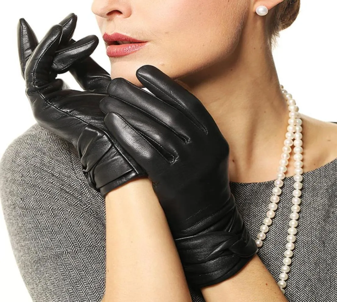 Nuevos guantes de cuero negros con pantalla táctil para mujer, guantes cálidos de moda para invierno, guantes de conducción de piel de cabra auténtica, cinco dedos L074NZ13687729