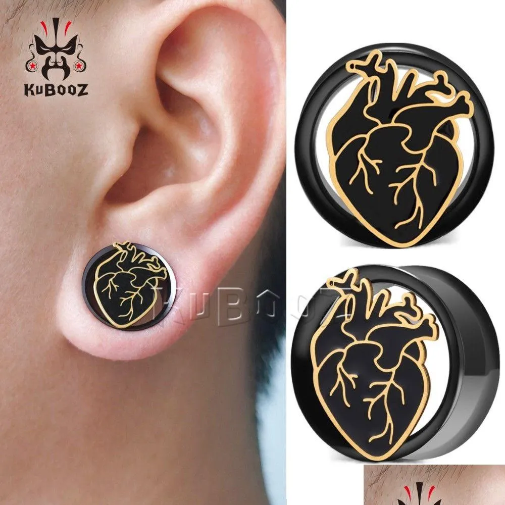 Plugs & Tunnels Kubooz Stainless Steel Black Gold Heart Ear Tunnels Gauges Plugs Piercing Earring Body Jewelry Stretchers Expanders W Dhfi3