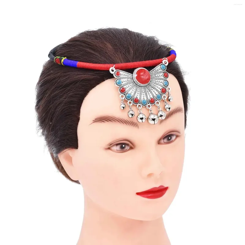 Grampos de cabelo tibetano étnico vermelho em forma de leque sino borla testa cabeça corrente bandana vintage miao feminino headpiece boho tribal jóias